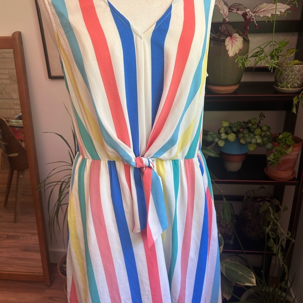 Striped V-Neck Multi Colored Mini Dress with Lining, Tie and Two Pockets Large